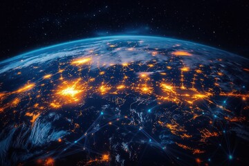 Glowing city lights and blue data network lines crisscross a curved Earth seen from space, evoking futuristic global connectivity and awe