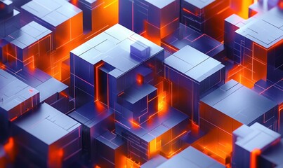 Futuristic metallic cubes with glowing orange seams and molten inner light forming a dense geometric citylike grid, conveying intense energy and high-tech dynamism