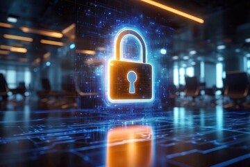 Glowing holographic padlock hovering above a digital circuit floor reflected in a glassy modern office, neon blue and orange lights conveying cybersecurity, protection and trust