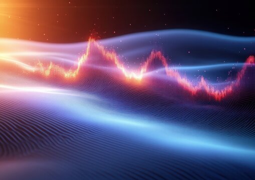 Glowing blue and orange digital waveforms and dotted grid forming mountain-like peaks with flowing light ribbons and particles on a dark background, evoking dynamic futuristic energy and wonder - Powered by Adobe