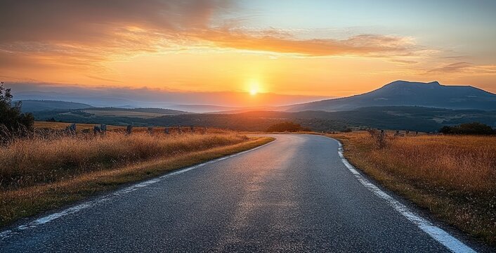 Empty winding country road leading toward a golden sunset over distant hills and a silhouetted mountain, flanked by tall grasses and wooden fence posts, serene and hopeful - Powered by Adobe