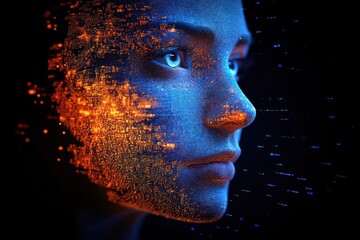 glowing orange particle cluster and blue neon streaks around a luminous orb on a dark futuristic background, mysterious high-tech mood