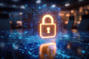 Glowing orange padlock hologram floating above blue circuit board on a reflective table in a blurred conference room, conveying futuristic digital security and protection