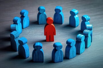 red wooden figure standing alone inside a ring of blue wooden figures on a wooden surface, conveying isolation, scrutiny and exclusion