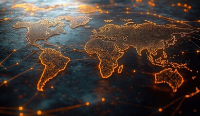 Glowing orange dotted world map with connected network lines on dark textured surface, futuristic global connectivity and dynamic data energy