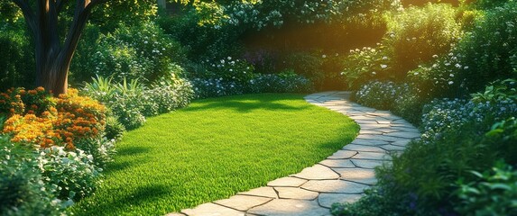 Curved stone pathway winding through a sunlit manicured garden with lush green lawn, flowering shrubs and trees, evoking a peaceful and inviting atmosphere