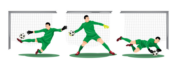 Goalkeeper is saving the ball, Set of football or soccer player cartoon characters, Flat design, Isolated on white background, Vector illustration