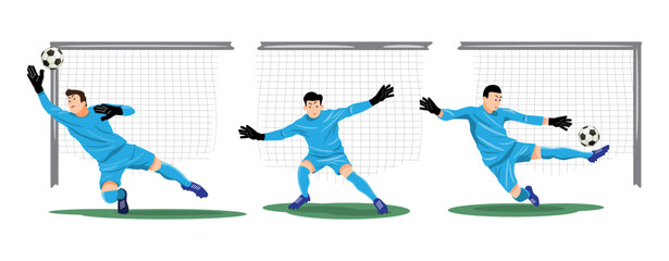 Goalkeeper is saving the ball, Set of football or soccer player cartoon characters, Flat design, Isolated on white background, Vector illustration