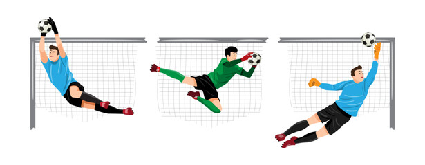 Goalkeeper is saving the ball, Set of football or soccer player cartoon characters, Flat design, Isolated on white background, Vector illustration