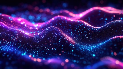 glowing neon pink and blue particle waves forming an undulating digital landscape, shimmering with sparkling dots and evoking futuristic wonder and serene energy