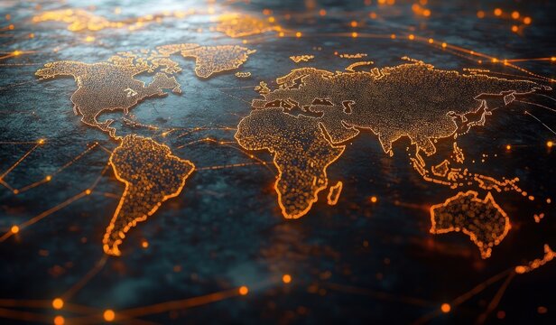 Glowing orange dotted world map with connected network lines on dark textured surface, futuristic global connectivity and dynamic data energy - Powered by Adobe