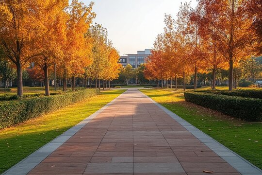 straight paved pathway lined with golden orange autumn trees, trimmed hedges and green lawns leading to a distant modern building, calm and peaceful fall morning