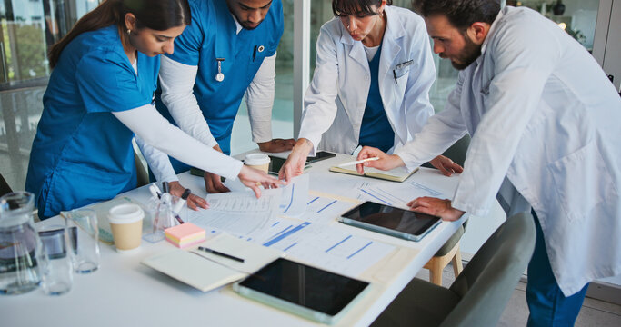 Doctor, people or meeting in hospital with documents for patient diagnosis, medical advice or planning. Nurse, healthcare team and conversation for research, paperwork and collaboration strategy - Powered by Adobe