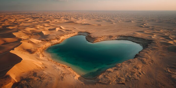 Aerial view captures heart-shaped turquoise oasis lake surrounded by vast undulating orange sand dunes in desert sunset soft lighting.