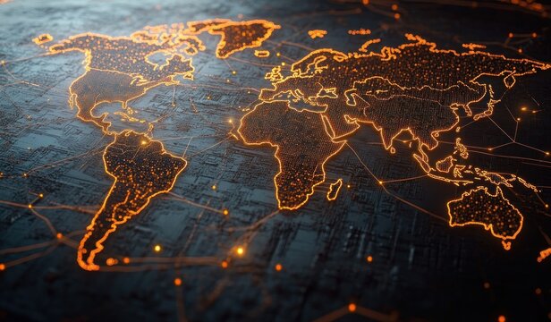 glowing orange digital world map with illuminated continent outlines, dotted data nodes and interconnected network lines on a dark textured surface, futuristic and interconnected - Powered by Adobe