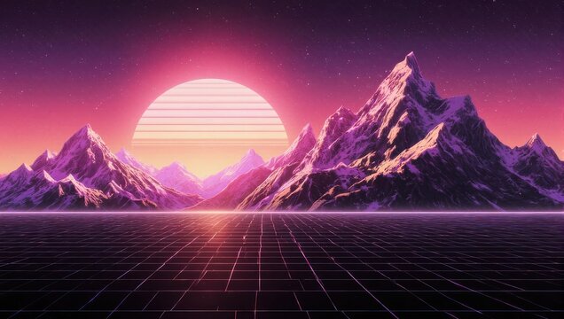Retro Futuristic Synthwave Landscape with Mountains and Sun.