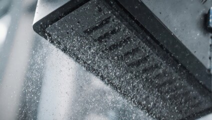 Close-up of a modern shower head with running water.