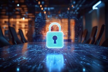 Glowing digital padlock hologram hovering above a conference table with circuitry projections in a dim modern office, evoking a secure futuristic atmosphere