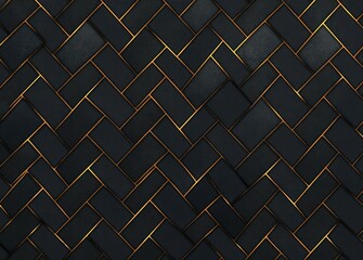 dark textured rectangular tiles arranged in a herringbone weave with thin glowing gold seams, elegant luxurious modern atmosphere