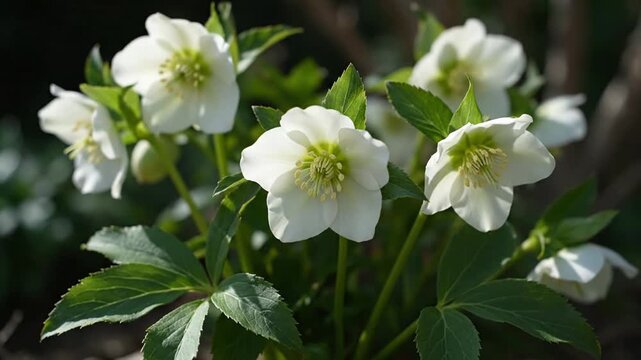 Close-up view of white hellebore flowers blooming in a garden on a sunny day