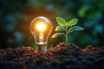 Glowing light bulb beside a young green seedling sprouting from dark soil, warm hopeful light evokes growth, renewal and sustainable inspiration