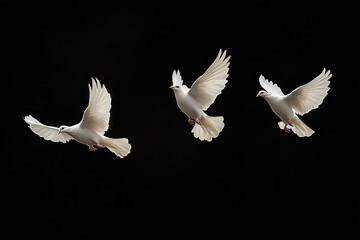 Three white doves in graceful midair flight against a deep black background, serene and peaceful mood with soft-lit spread wings