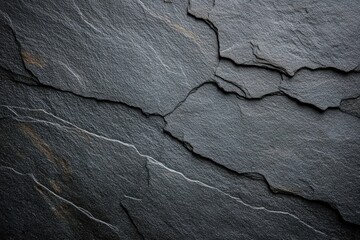 layered dark slate rock with fine white veins and rugged fissures, a moody austere close-up of textured stone surface
