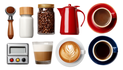 Essentials of Coffee Preparation in 3D Illustration with Glossy Plastic Elements
