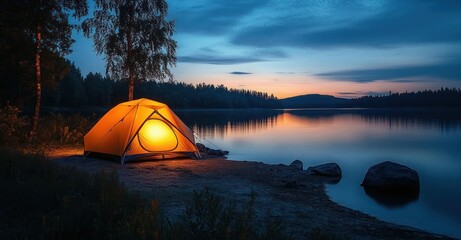 Glowing yellow tent on a lakeshore at dusk with calm reflective water, silhouetted trees and rocks, peaceful tranquil twilight camping scene