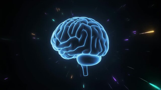 Abstract glowing blue human brain model rotating in dark space with colorful light streaks and particles representing neural activity and thought processes