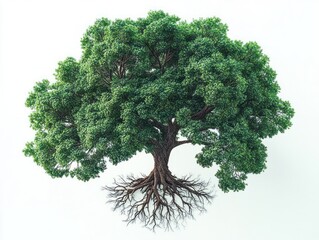 Lush broadleaf tree with exposed root system suspended against a clean white background, serene and grounding