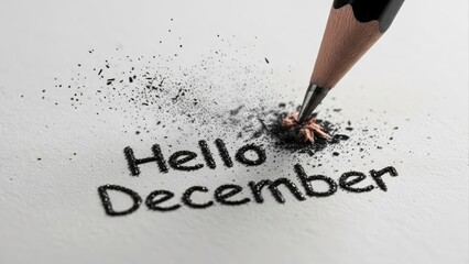 Pencil Sharpening Creating Dust with Hello December Text on White Paper.