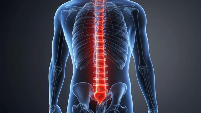 Medical animation showcasing the human spine anatomy with a glowing red highlight indicating pain or inflammation along the vertebral column, viewed from the back.