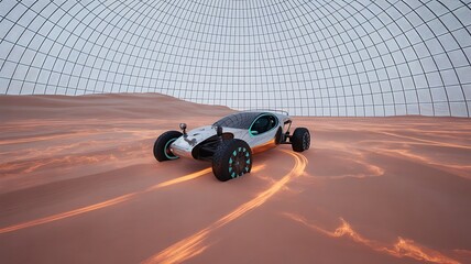 Futuristic electric car driving on sand dune with tire tracks