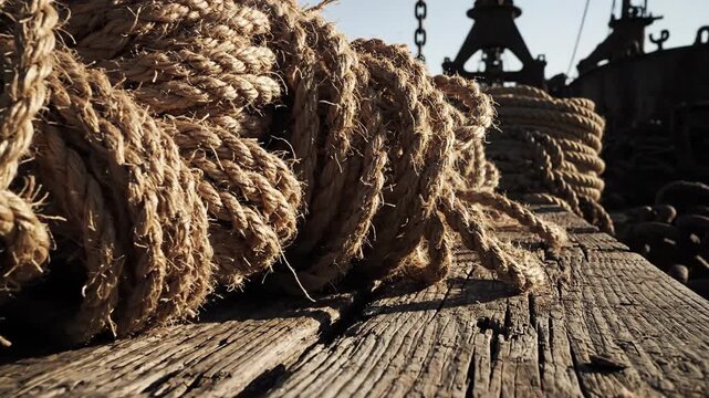 A tightly wound bunch of coarse jute rope coiled on weathered wood, showcasing natural fiber texture.