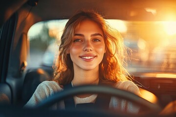 woman with long wavy hair driving a car at sunset, warm golden light and sun flare, relaxed and contemplative mood inside the vehicle
