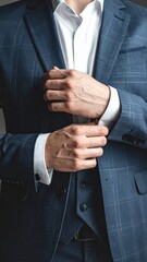 Businessman in blue suit adjusting his jacket