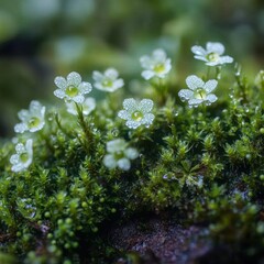 tiny dew-covered white wildflowers peeking from green moss on a damp forest floor, delicate serene close-up