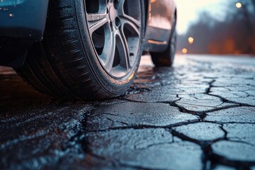 Close-up of a car wheel and alloy rim on cracked wet asphalt with reflective puddles and distant bokeh street lights, moody tense roadside scene