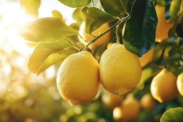 two ripe lemons hanging from a leafy branch in warm golden sunlight, fresh bright summer mood