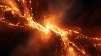 Swirling fiery cosmic vortex with glowing plasma streams, molten lava-like flows and sparks against a dark space background, evoking intense dramatic powerful energy
