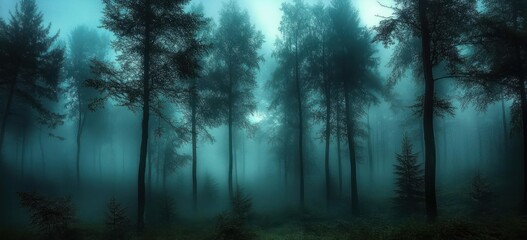 Misty blue-green forest with tall slender trees, low undergrowth and shadowy saplings, dense fog and soft light creating an eerie, tranquil, mysterious atmosphere