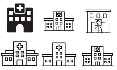 Obraz premium A collection of six minimalist flat and outline style icons representing a hospital building