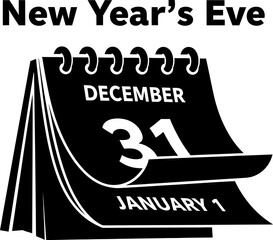 Black and white graphic icon illustrating the transition from new year's eve december 31 to january 1