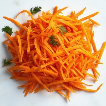 pile of thin julienned orange carrots with small green herb sprigs on a white surface, fresh vibrant crisp and appetizing