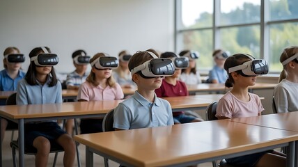 children wearing virtual reality headsets in classroom