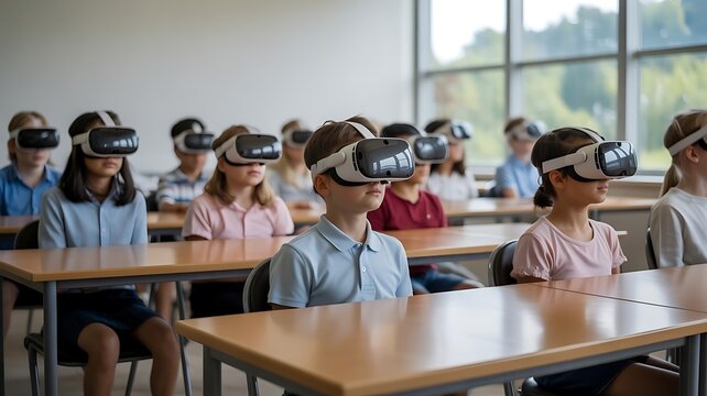 children wearing virtual reality headsets in classroom - Powered by Adobe