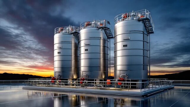Industrial Silos at Sunset: Large, metallic silos stand tall against the backdrop of a vibrant sunset, their reflective surfaces mirroring the colors of the sky in a demonstration of modern industry.