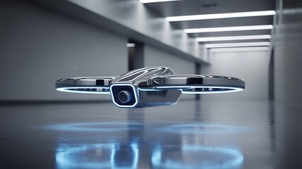 Drone with camera flying in modern gray corridor with lights