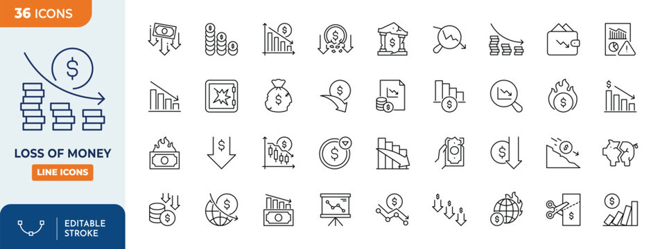 Loss of money line editable icon set. Containicons related to lose money, bankruptcy, downturn, crisis, and more. Editable stroke. Vector illustration